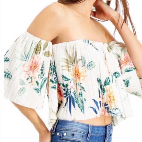 Off Shoulder Pleated Top Sz L Guess Hanalei Blooms - Picture 2 of 13